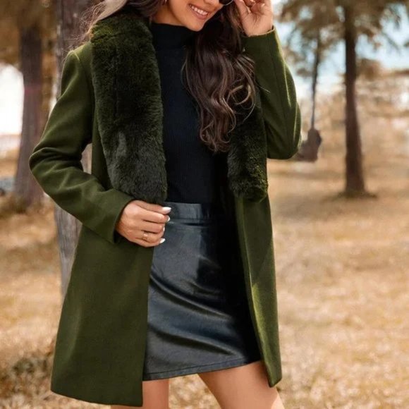 Faux fur collar Belted Overcoat Jacket Coat - Picture 2 of 6